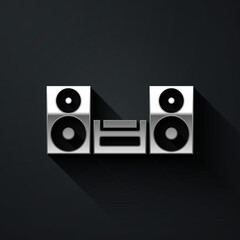 Silver Home stereo with two speaker s icon isolated on black background. Music system. Long shadow style. Vector.