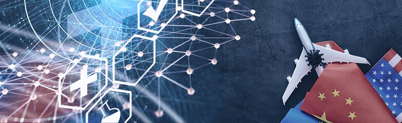 The concept of the world coronavirus pandemic. Geography of the virus. Modern infrastructure for the spread of the disease. Tourists infected have returned. China flag virus model and spread.