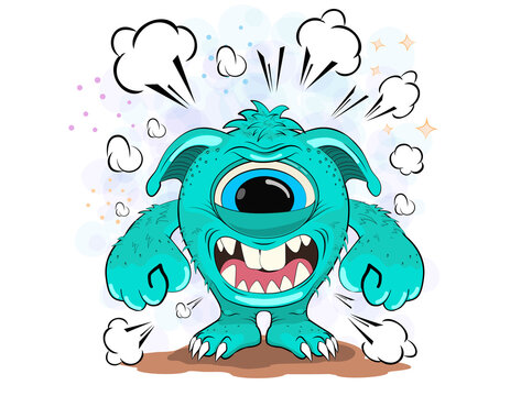 recommend clip art: Cool Angry Monster. Illustration of a cartoon evil monster against a background of clouds of smoke and stars. Colorful children's illustration.