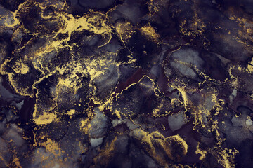 art photography of abstract fluid art painting with alcohol ink, black and gold colors