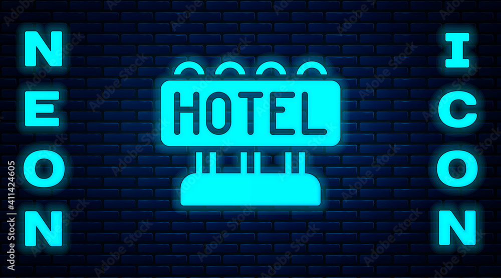 Poster Glowing neon Signboard outdoor advertising with text Hotel icon isolated on brick wall background. Vector.