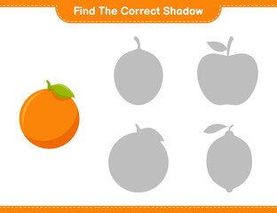 Find the correct shadow. Find and match the correct shadow of Orange. Educational children game, printable worksheet, vector illustration