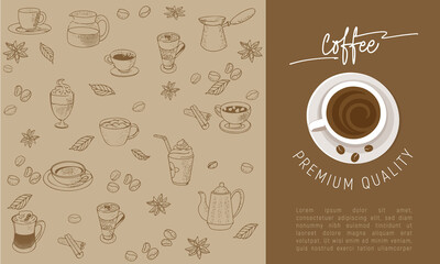 Coffee label, menu cover with coffee background. Coffee, espresso, cappuccino, mochachino, glasse, set of coffee cups.