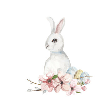 Watercolor Easter Bunny, Easter rabbit , eggs