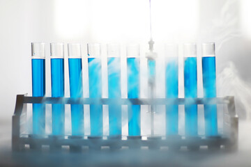 Vaccine vial search concept on table. Close up Vaccine flaskl for prevention,immunization and treatment.