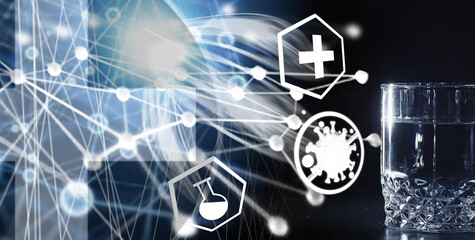 Water soluble tablets. The medicine is soluble. Anti-hangover. Effervescent tablets in a glass.