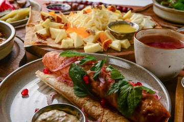 Assortment of georgian food, flat lay. Top view on traditional georgian cuisine close up.