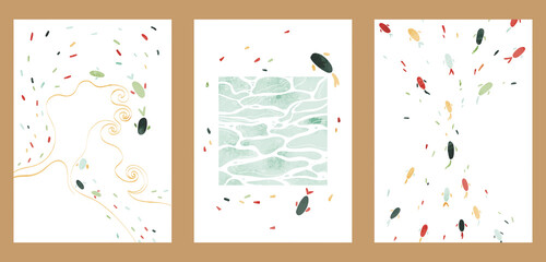 Japanese vintage style creative aesthetic posters. A4 vertical illustrations. A set of three backgrounds with watercolor texture and thin lines, traditional pattern, fish, water.