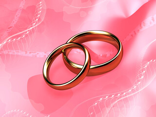 Wedding rings on a pink background. 3 D objects. Digital illustration.