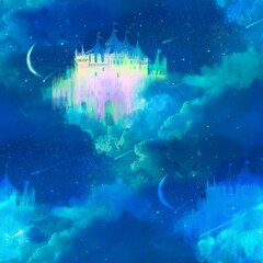 Wallpaper of a fantastic castle in the night cloudscape 