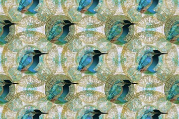 Pattern illustration of kingfisher on wallpaper of art nouveau decorations 
