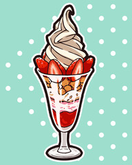 strawberry parfait illustration (with mint green background)