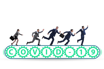 Concept of conveyor belt with covid-19 and businessman