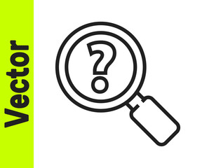 Black line Unknown search icon isolated on white background. Magnifying glass and question mark. Vector Illustration.
