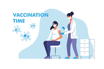 Coronavirus vaccination. Woman in face mask getting vaccinated against Covid-19 in hospital. Doctor giving Corona virus vaccine injection injecting patient. Vector illustration.