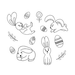 Easter bunny set with cute flowers and eggs. Black and white hand drawn flat cartoon design elements. Vector illustration