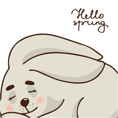 
Hello spring - hand lettering with a sleeping bunny on the background. Greeting card template. Vector illustration
