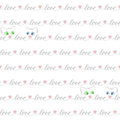 gray word love, pink heart shapes, cats repeated  continuously. vector seamless pattern. valentines repetitive background. fabric swatch. wrapping paper. continuous print. wedding card design template