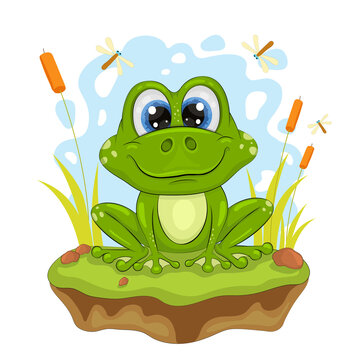 A cartoon green frog sits on the shore in the reeds, mosquitoes fly around. Positive and unique design.