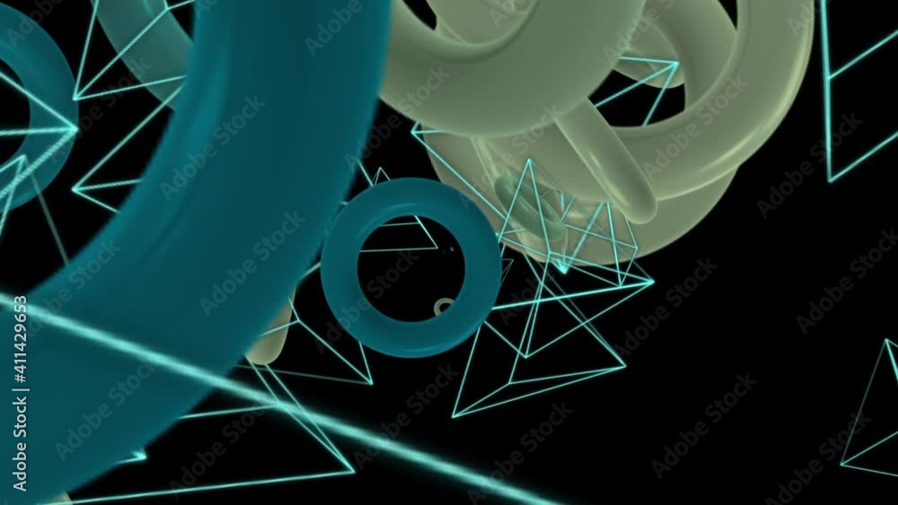 Poster isolated black background. abstract close-up of flying and rotating transparent pyramids and rings o