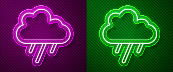 Glowing neon line Cloud with rain icon isolated on purple and green background. Rain cloud precipitation with rain drops. Vector.