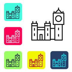 Black line Big Ben tower icon isolated on white background. Symbol of London and United Kingdom. Set icons in color square buttons. Vector.