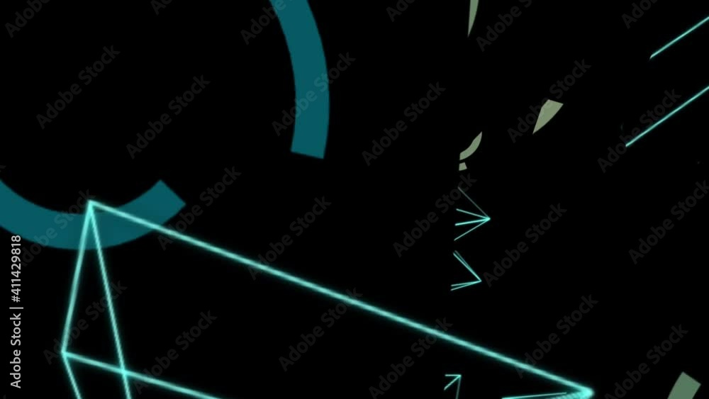 Poster isolated black background. abstract close-up of flying and rotating transparent pyramids and rings o