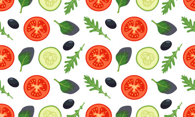 Seamless vegetables pattern with tomatoes, cucumber and leaves of spinach, arugula on white background