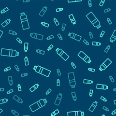 Green line Fitness shaker icon isolated seamless pattern on blue background. Sports shaker bottle with lid for water and protein cocktails. Vector.