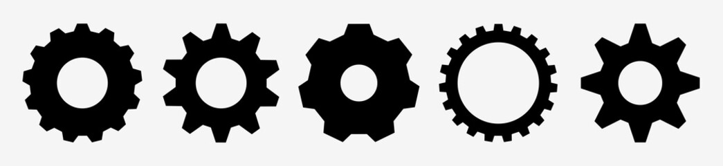 Gear setting vector icon set. Isolated black gears mechanism and cog wheel on white background. Progress or construction concept. Cogwheel icons UI vector.