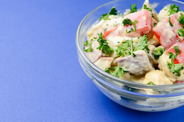 Bowl of vegetable salad with grilled meta, tomatoes, mushrooms. Mayonnaise salad in a bowl.