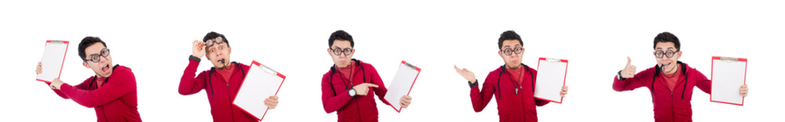 Funny coach with whistle and diary isolated on white