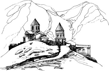 Monochrome hand drawn church in the mountains illustration.