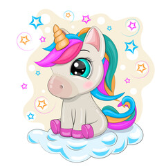 Cute cartoon little Unicorn sitting on a cloud surrounded by stars. Positive and unique design.  © Andrey KENO