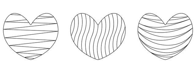 Heart. Sketch. Striped ornament. Set of vector illustrations. Isolated white background. Coloring book for children. Valentines Day. Collection of love symbols. Idea for web design, invitations.