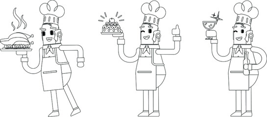 Continuous line drawing of chef with various poses