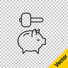 Black line Piggy bank and hammer icon isolated on transparent background. Icon saving or accumulation of money, investment. Vector.