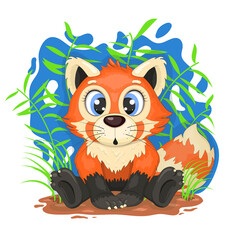 Cartoon red panda sitting on the ground in a thicket of bamboo. Positive and unique design.