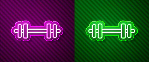 Glowing neon line Barbell icon isolated on purple and green background. Muscle lifting icon, fitness barbell, gym, sports equipment, exercise bumbbell. Vector.