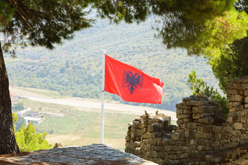 A flapping and blowing bright red Flag of Albania on a hill-top castle demonstrating power and strength of a country. The flag is framed by the beautiful green trees.