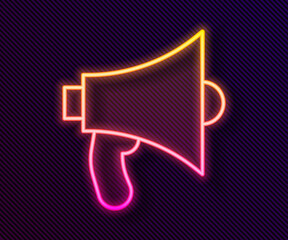Glowing neon line Megaphone icon isolated on black background. Speaker sign. Vector.