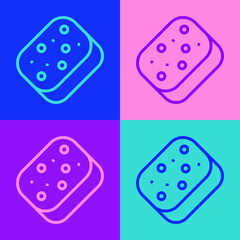 Pop art line Sponge with bubbles icon isolated on color background. Wisp of bast for washing dishes. Cleaning service logo. Vector.