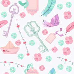 Romance and Valentine's Day. keys, letters with declarations of love and hearts. Seamless pattern of objects drawn in cartoon style vector illustration isolated on white background