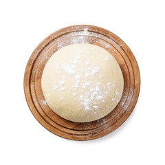 Fresh raw dough for pizza or bread baking on wooden cutting board isolated on white background. top view