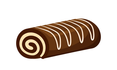 Chocolate roll with cream and vanilla, creamy topping. Sweet pastries. Fat, high-calorie, unhealthy food. Dessert, yummy treat, treat. Illustration in cartoon flat style. Isolated on white background