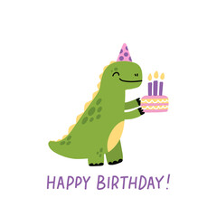 Funny character dinosaur or Tyrannosaurus with birthday cake. Cute T-Rex. The inscription: Happy Birthday! Colored vector illustration in scandinavian style. © viairevi