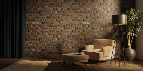 Living Room interior with velvet armchair and lamp and book. 3D rendering