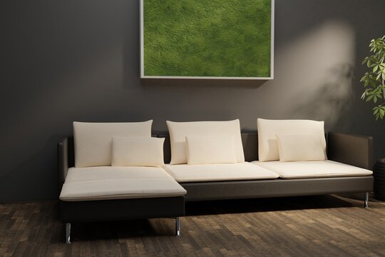Modern eco-style interior with a vertical poster, backlit moss and wooden floor. Front view. 3d rendering