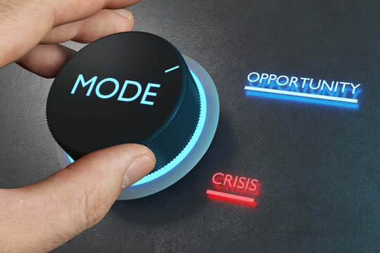 A knob to turn crisis into an opportunity. Business vision and strategy concept. 3D renderings