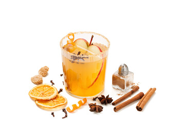 Hard apple cider spiced cocktail with sliced red apples, cinnamon, cardamom and star anise isolated on white background